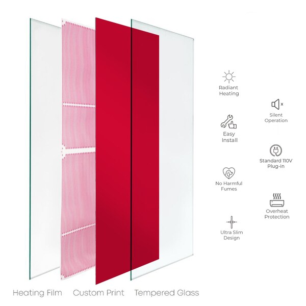 Decorative Radiant Glass Heater, 500 Watt, 16 In. X 48 In., Red Design, 120 V